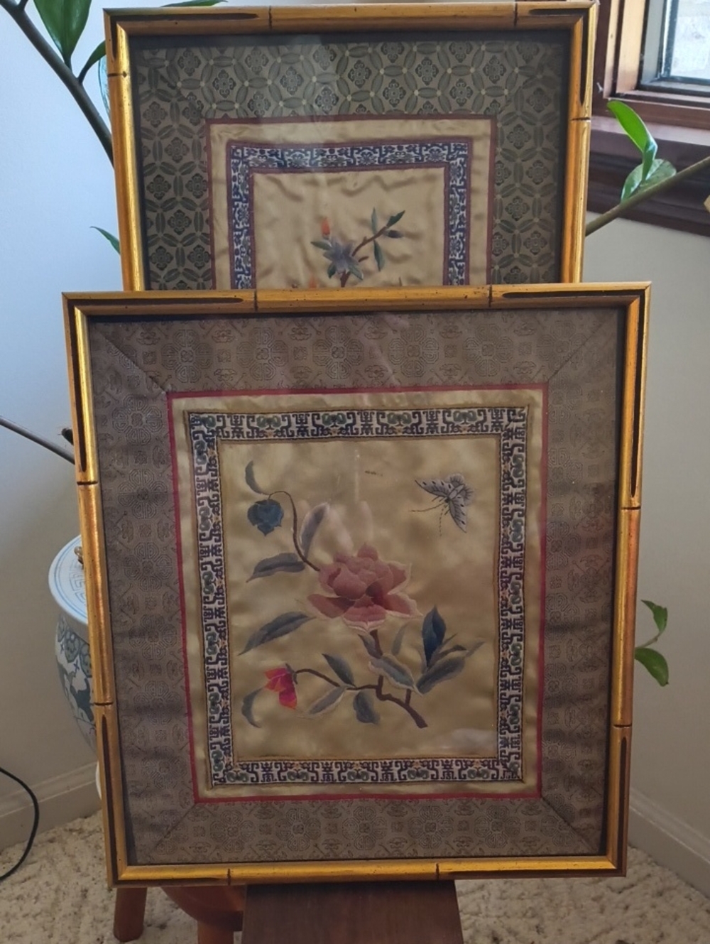 Gold Framed Floral Silk Embroidery Wall Art - Gold Beautiful Pair